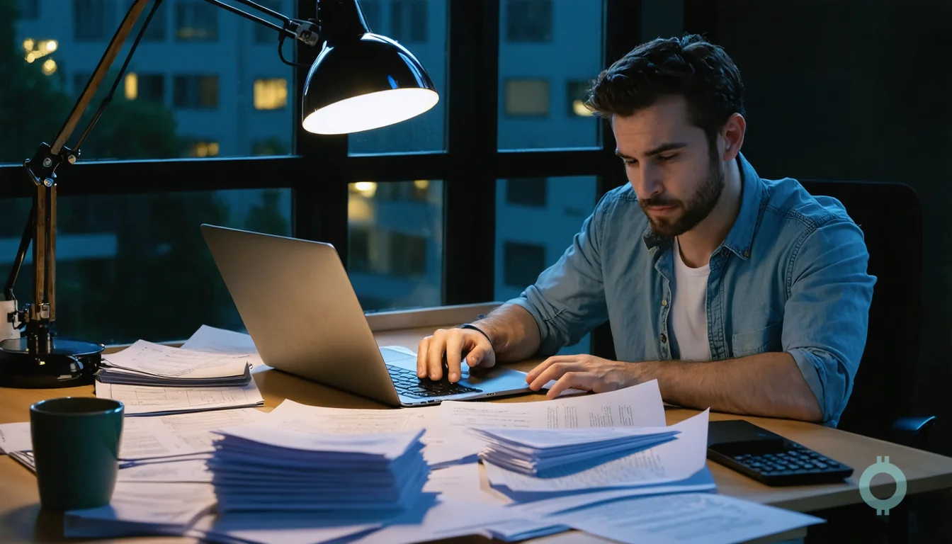 A founder sorts paperwork late at night after a 1099 late filing penalty.