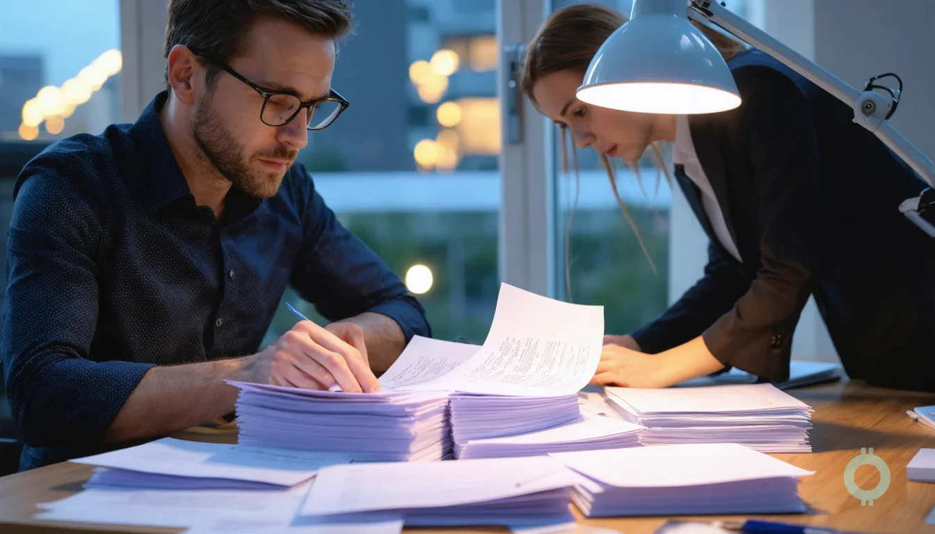 A founder compares 1099-NEC vs 1099-MISC paperwork at a desk.