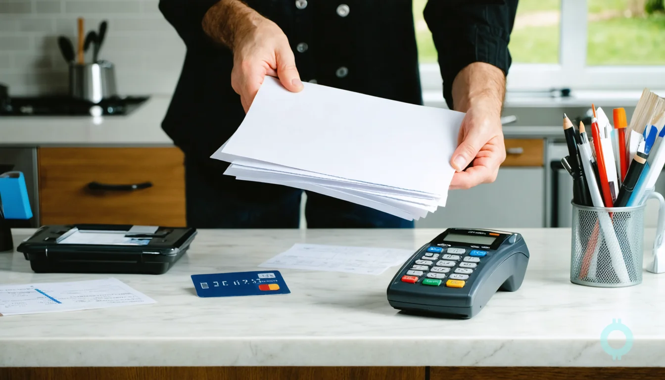 A founder sorts business folders and tools for an all-in-one financial platform for a new small business.