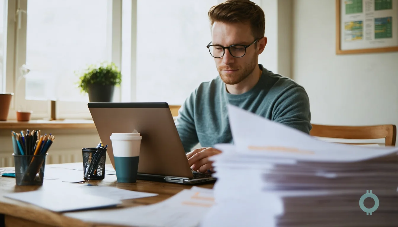 A blurred laptop runs automatic accounting software for solo founders as one founder reviews a receipt.