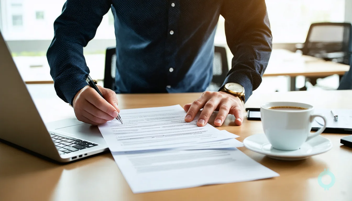 A founder reviews Delaware C corporation paperwork with an adviser in a quiet office.