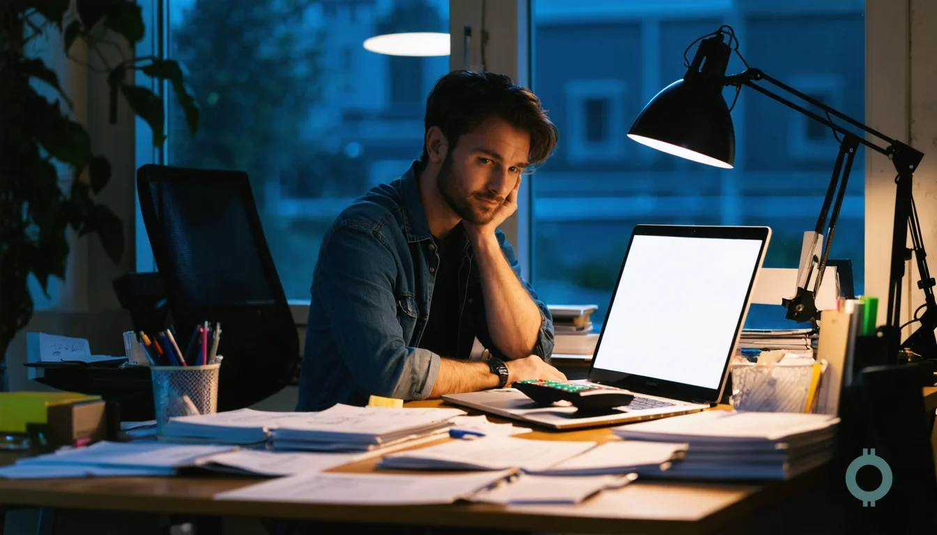 A founder asks, “Do you need a bookkeeper?” while sorting receipts at dusk.