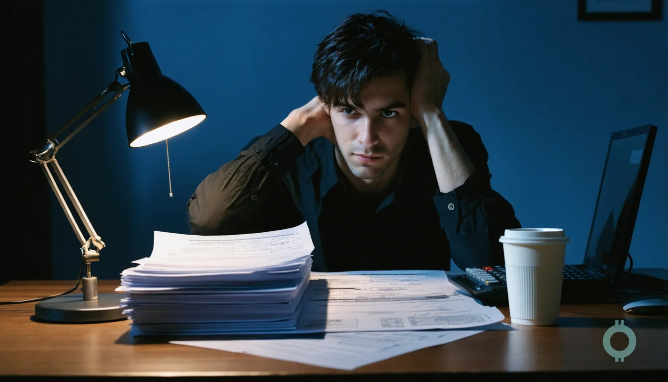 A founder sorts paperwork late at night while learning how to file 1099s.