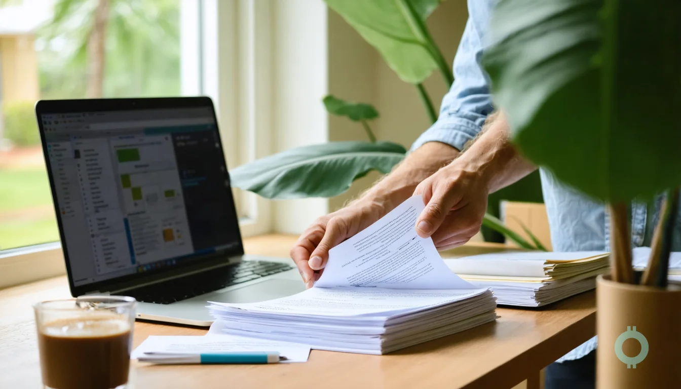 A founder sorts formation paperwork while learning how to start an LLC in Florida.