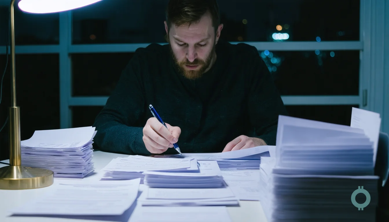 A founder reviews paperwork at night while addressing a Form 5472 penalty.