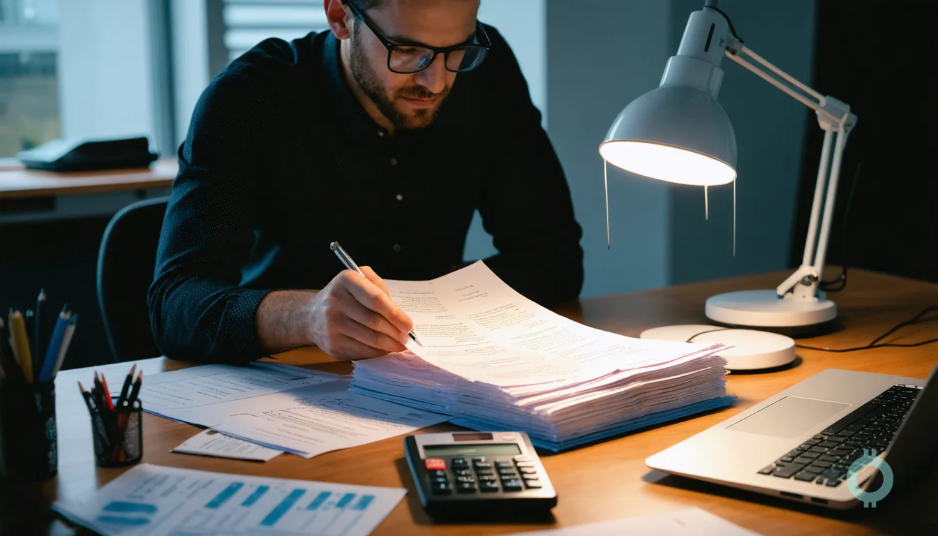 A founder and accountant sort paperwork for Form 5472 reportable transactions.