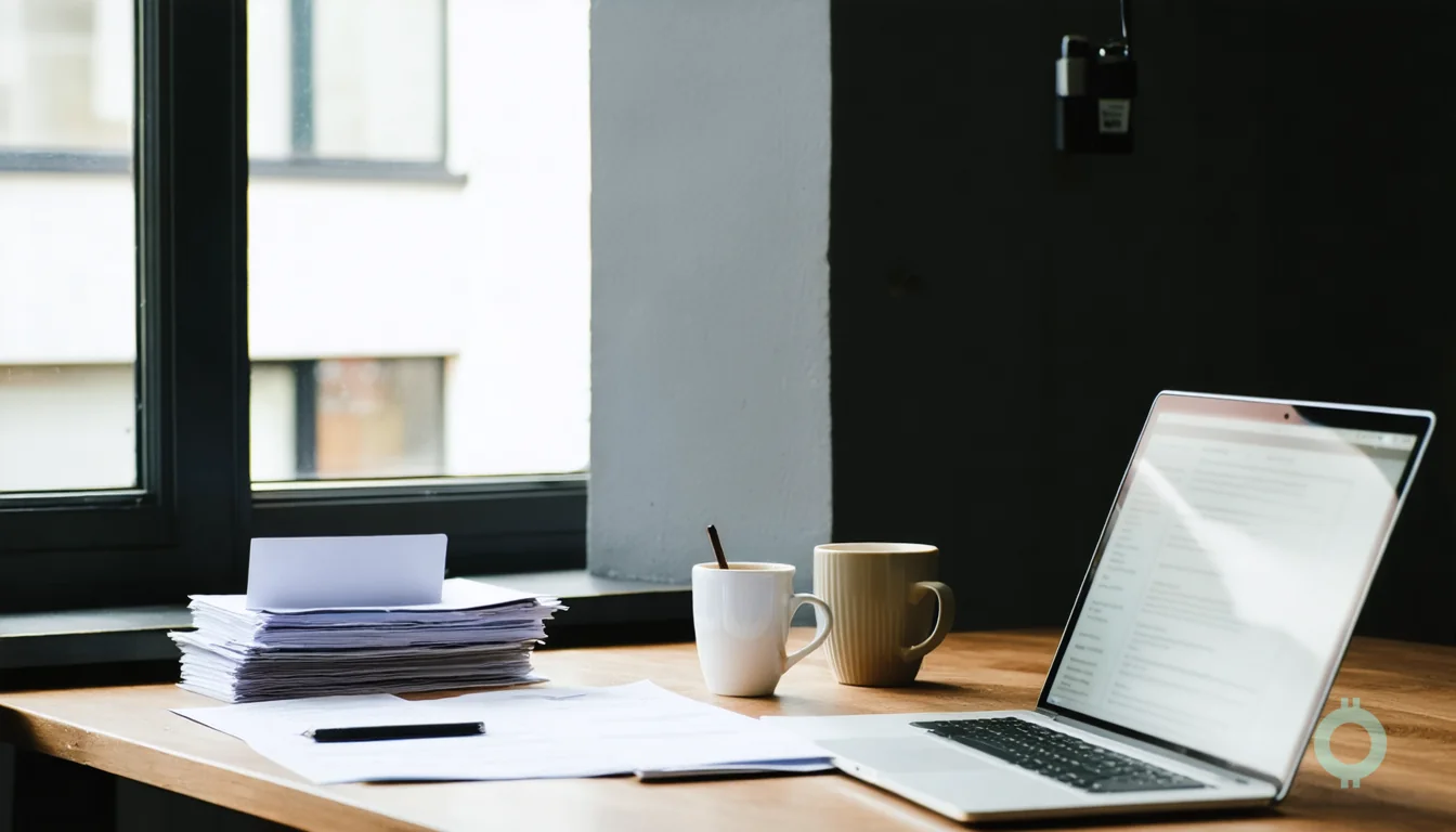 A founder compares paperwork and banking options at a shared office desk.