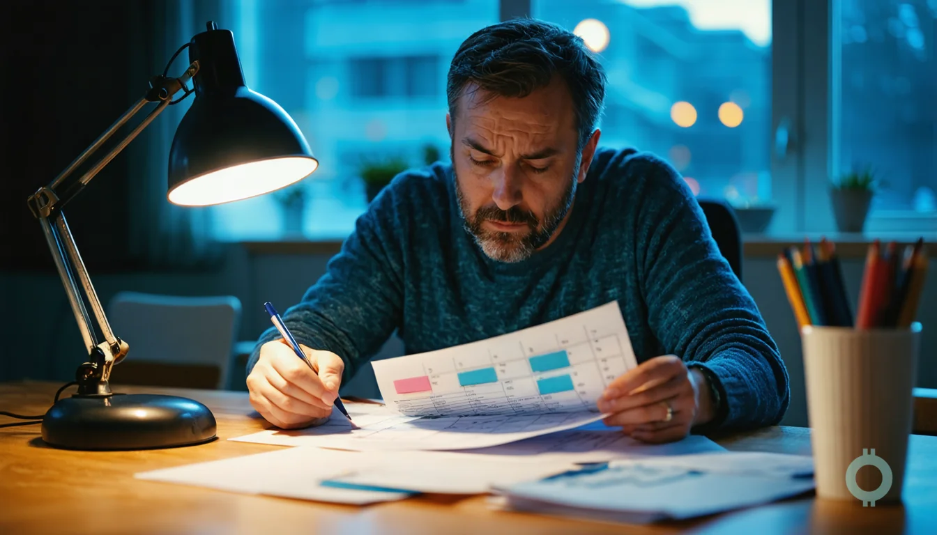 A founder sorts paperwork while tracking LLC filing fee changes at night.