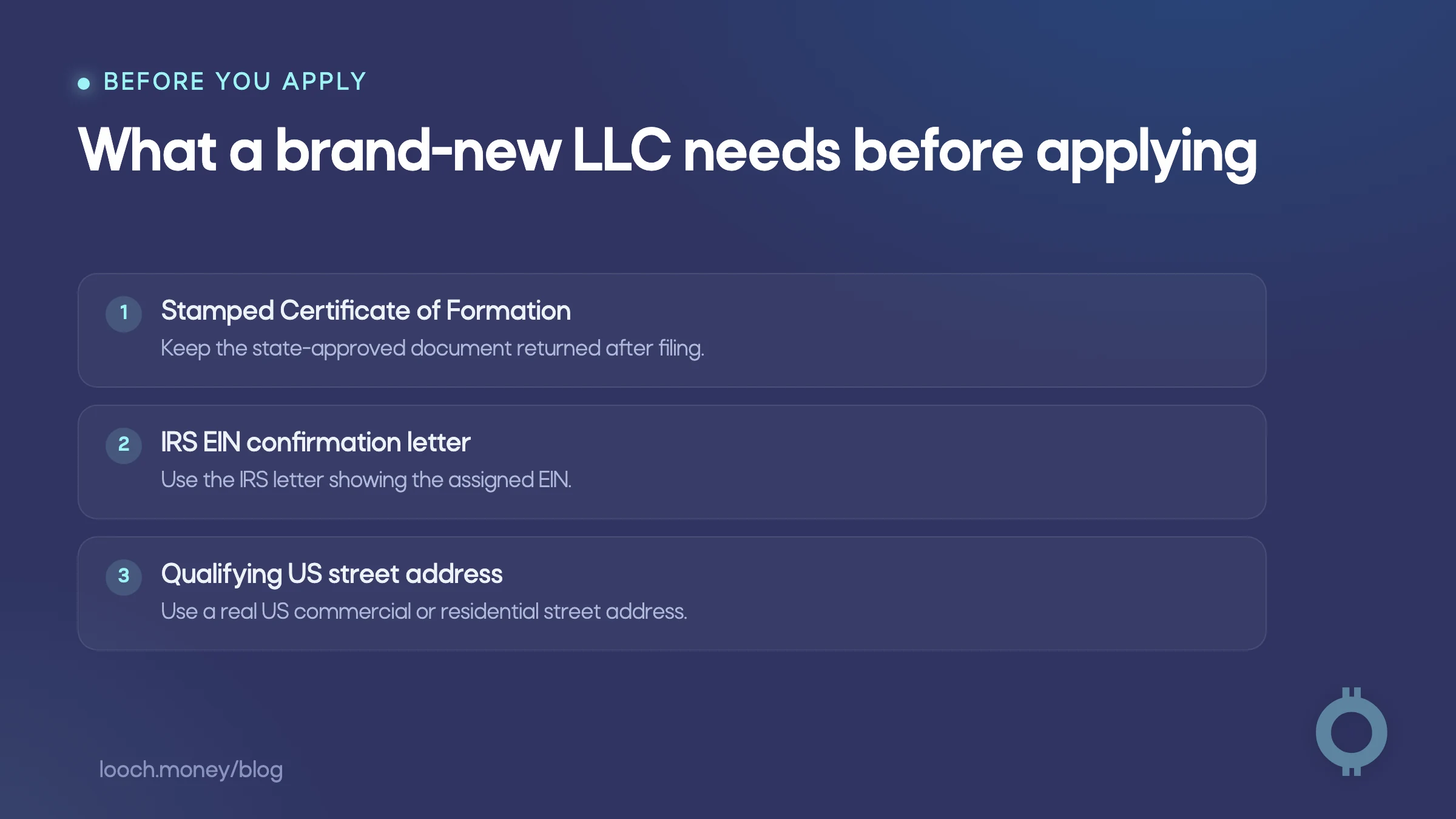 No fee business account for a new LLC checklist covering documents and address.