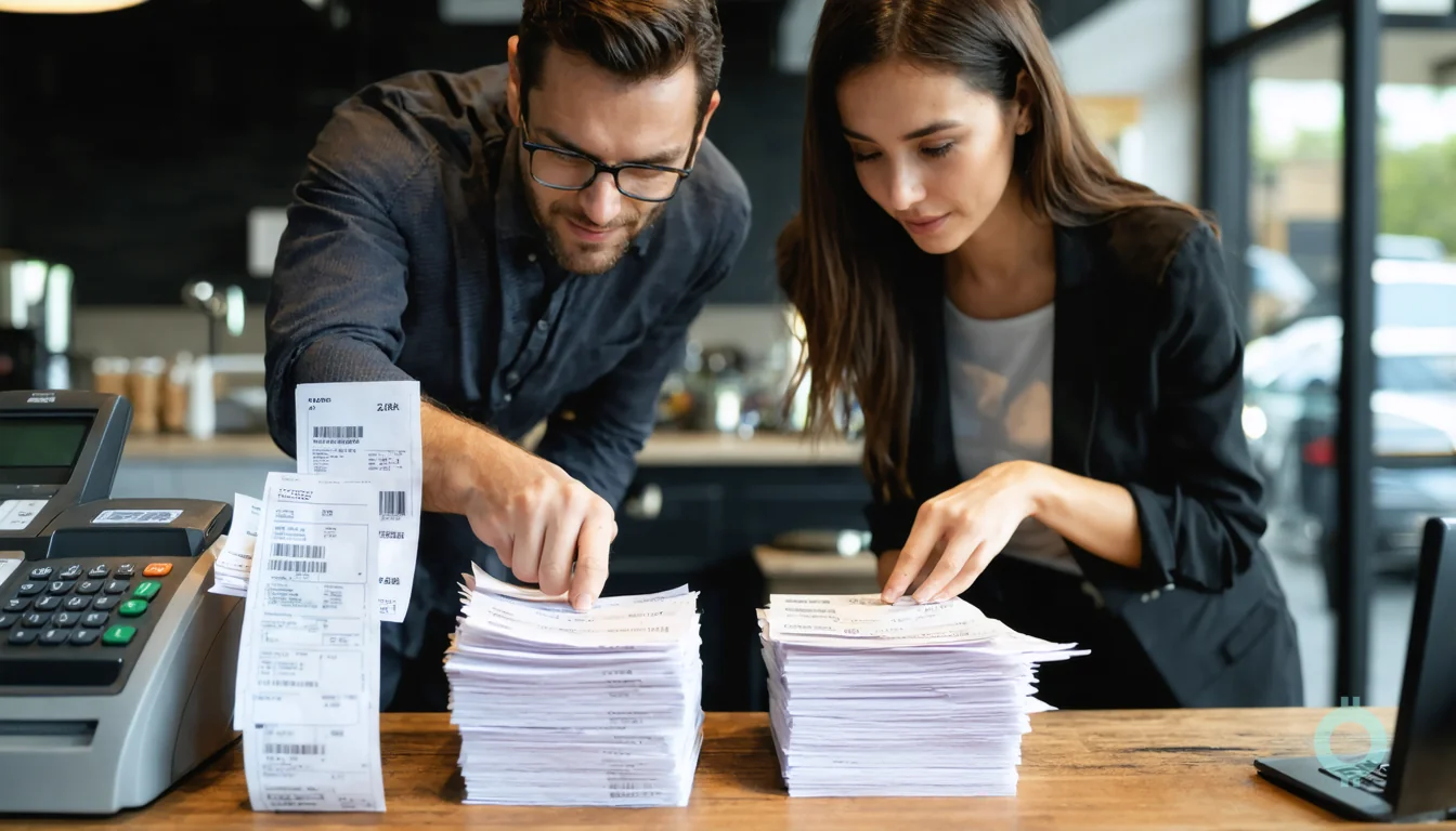 A cafe owner and bookkeeper sort receipts to reduce card processing fees.
