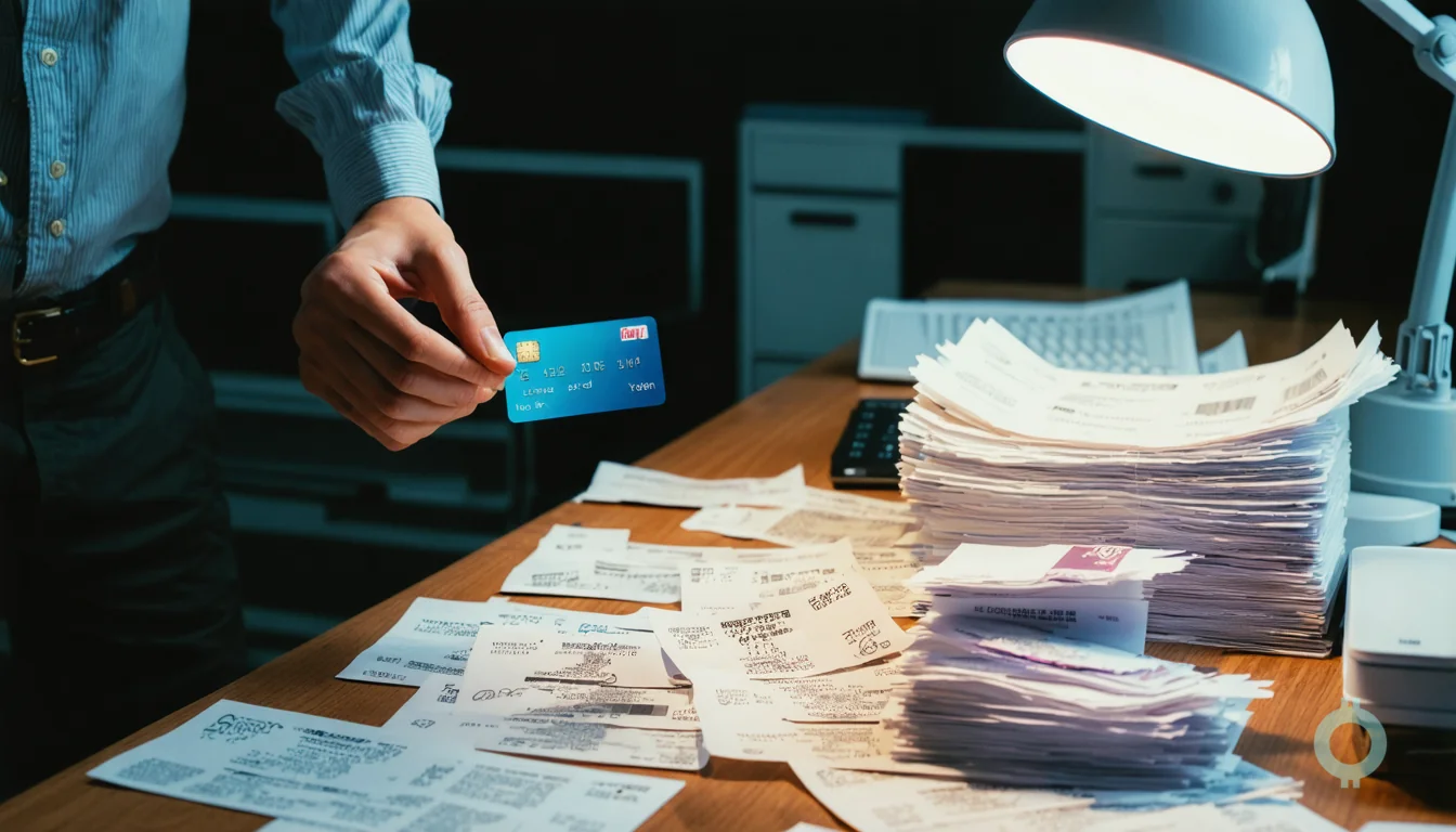 Startup founders sort receipts beside a business card with automatic bookkeeping.