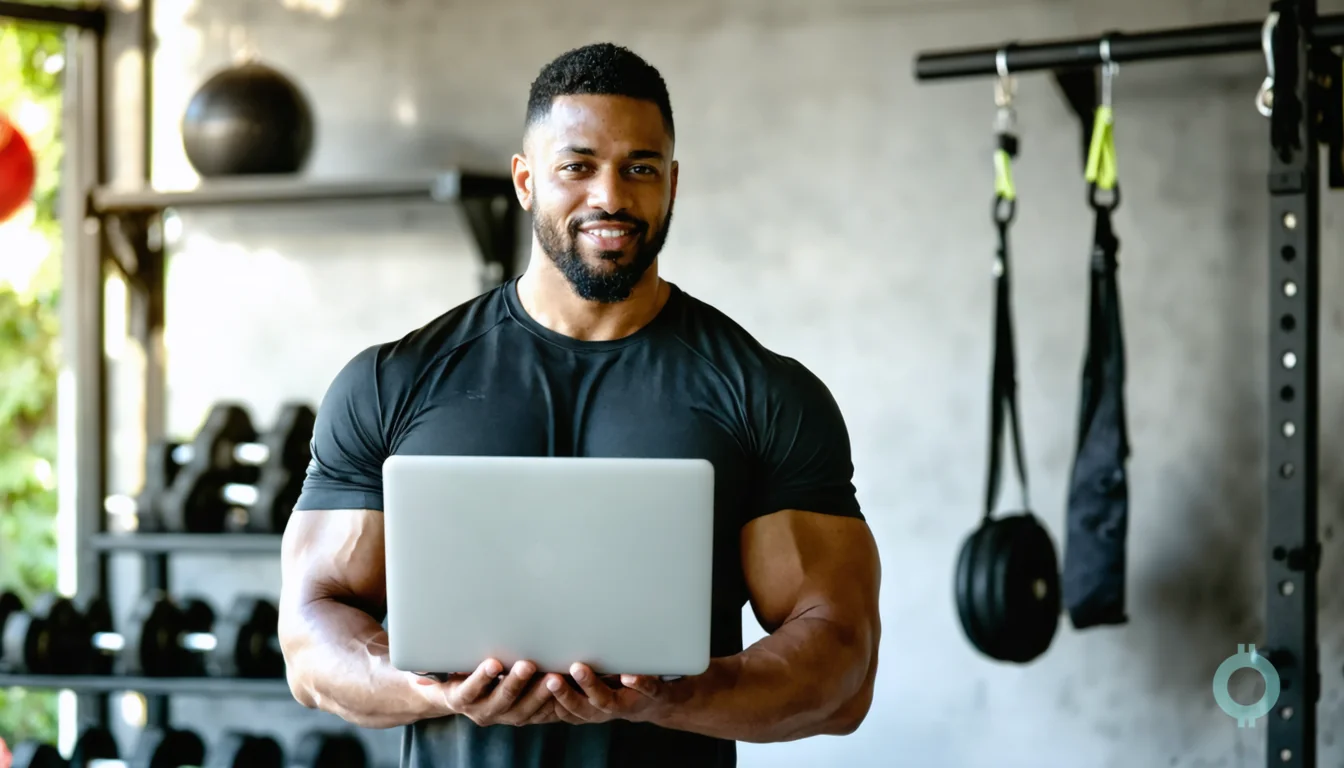 A fitness studio owner reviews subscription renewals on a laptop between classes