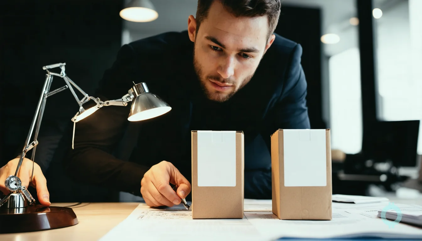 A founder reviews similar unbranded packaging for trademark monitoring services.