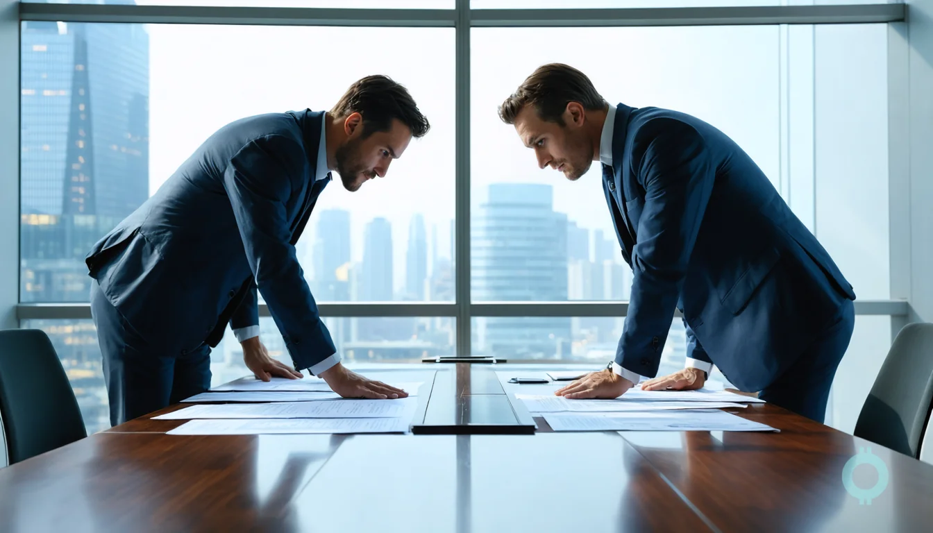 Two founders confront each other during a trademark monitoring dispute.