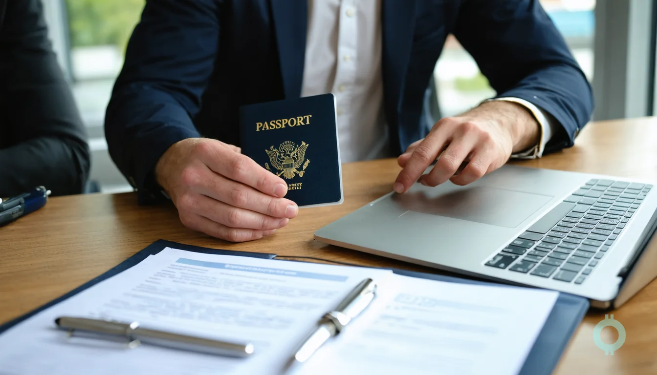 A founder opening a US business bank account without an SSN reviews a passport.